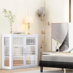 Retro Haze Double-Glass Door Cabinet With Removable Shelves-Versatile White Storage Solution -FURITURE SALE SHOP white tahanbath pantry organizers z w1673123588 31 1000