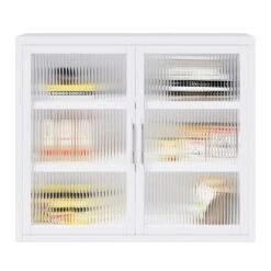 Retro Haze Double-Glass Door Cabinet With Removable Shelves-Versatile White Storage Solution -FURITURE SALE SHOP white tahanbath pantry organizers z w1673123588 44 1000