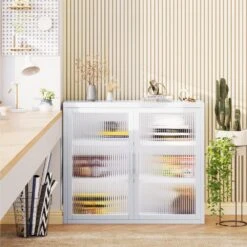 Retro Haze Double-Glass Door Cabinet With Removable Shelves-Versatile White Storage Solution