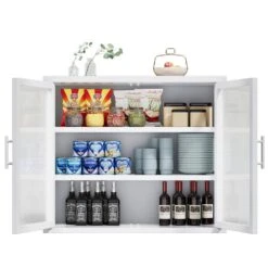 Retro Haze Double-Glass Door Cabinet With Removable Shelves-Versatile White Storage Solution -FURITURE SALE SHOP white tahanbath pantry organizers z w1673123588 76 1000