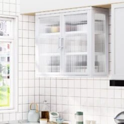 Retro Haze Double-Glass Door Cabinet With Removable Shelves-Versatile White Storage Solution -FURITURE SALE SHOP white tahanbath pantry organizers z w1673123588 fa 1000