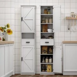 69 In.H Tall Bathroom Storage Cabinet With 2-Barn Doors And1-Drawer, Adjustable Shelves,Floor Cabinet In White -FURITURE SALE SHOP white tahanbath pantry organizers z w1781132475 76 1000