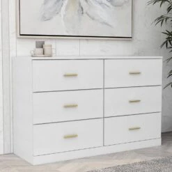 Modern White 6-Drawer Dresser For Bedroom-Ample Storage Wide Chest Of Drawers, Sturdy And Safe -FURITURE SALE SHOP white tahanbath pantry organizers z w1785136021 76 1000
