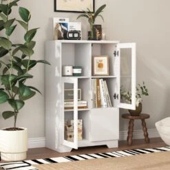 MDF Painted Cabinet With Glass Doors And Drawer, Open Storage Space, White ,Bedroom, Living Room In White -FURITURE SALE SHOP white tahanbath pantry organizers z w1820p152744 1f 1000