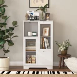 MDF Painted Cabinet With Glass Doors And Drawer, Open Storage Space, White ,Bedroom, Living Room In White -FURITURE SALE SHOP white tahanbath pantry organizers z w1820p152744 4f 1000