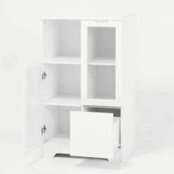 MDF Painted Cabinet With Glass Doors And Drawer, Open Storage Space, White ,Bedroom, Living Room In White -FURITURE SALE SHOP white tahanbath pantry organizers z w1820p152744 76 1000