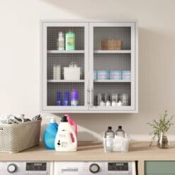 Retro Wall Cabinet With Hazy Waffle-Grid Glass And 2-Adjustable Shelves-White Finish -FURITURE SALE SHOP white tahanbath pantry organizers z w2378p176279 1f 1000