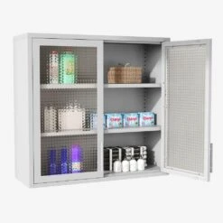 Retro Wall Cabinet With Hazy Waffle-Grid Glass And 2-Adjustable Shelves-White Finish -FURITURE SALE SHOP white tahanbath pantry organizers z w2378p176279 31 1000