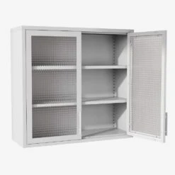 Retro Wall Cabinet With Hazy Waffle-Grid Glass And 2-Adjustable Shelves-White Finish -FURITURE SALE SHOP white tahanbath pantry organizers z w2378p176279 44 1000