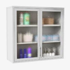 Retro Wall Cabinet With Hazy Waffle-Grid Glass And 2-Adjustable Shelves-White Finish -FURITURE SALE SHOP white tahanbath pantry organizers z w2378p176279 76 1000