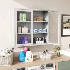 Retro Wall Cabinet With Hazy Waffle-Grid Glass And 2-Adjustable Shelves-White Finish -FURITURE SALE SHOP white tahanbath pantry organizers z w2378p176279 fa 1000