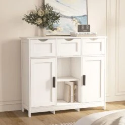 White Wooden Floor Storage Cabinet With Drawers And Shelves, Suitable For Living Room, Bedroom, Bathroom Decor -FURITURE SALE SHOP white tahanbath pantry organizers z w2386p192271 1f 1000