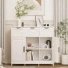 White Wooden Floor Storage Cabinet With Drawers And Shelves, Suitable For Living Room, Bedroom, Bathroom Decor