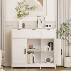 White Wooden Floor Storage Cabinet With Drawers And Shelves, Suitable For Living Room, Bedroom, Bathroom Decor