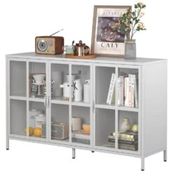 Heavy-Duty Metal Sideboard With Storage Adjustable Feet, Glass Doors, Large Capacity In White 9 Heavy-Duty Metal Sideboard With Storage Adjustable Feet, Glass Doors, Large Capacity In White -FURITURE SALE SHOP white tahanbath pantry organizers z w2735p186333 1f 1000