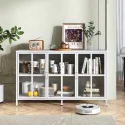 Heavy-Duty Metal Sideboard With Storage Adjustable Feet, Glass Doors, Large Capacity In White 8 Heavy-Duty Metal Sideboard With Storage Adjustable Feet, Glass Doors, Large Capacity In White -FURITURE SALE SHOP white tahanbath pantry organizers z w2735p186333 4f 1000