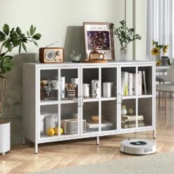 Heavy-Duty Metal Sideboard With Storage Adjustable Feet, Glass Doors, Large Capacity In White