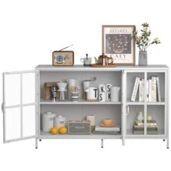 Heavy-Duty Metal Sideboard With Storage Adjustable Feet, Glass Doors, Large Capacity In White 11 Heavy-Duty Metal Sideboard With Storage Adjustable Feet, Glass Doors, Large Capacity In White -FURITURE SALE SHOP white tahanbath pantry organizers z w2735p186333 76 1000
