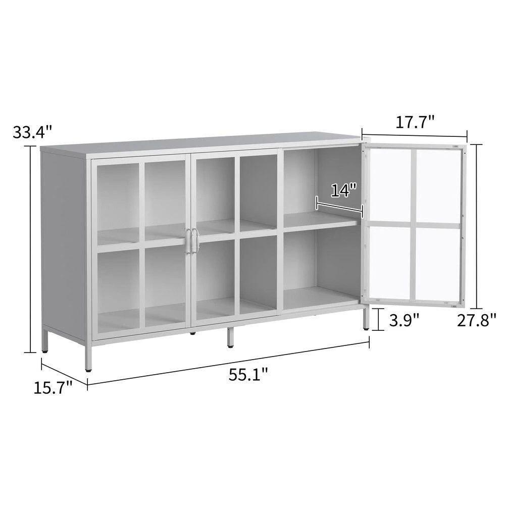Heavy-Duty Metal Sideboard With Storage Adjustable Feet, Glass Doors, Large Capacity In White 2 Heavy-Duty Metal Sideboard With Storage Adjustable Feet, Glass Doors, Large Capacity In White - Image 2