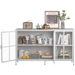 Heavy-Duty Metal Sideboard With Storage Adjustable Feet, Glass Doors, Large Capacity In White 10 Heavy-Duty Metal Sideboard With Storage Adjustable Feet, Glass Doors, Large Capacity In White -FURITURE SALE SHOP white tahanbath pantry organizers z w2735p186333 fa 1000