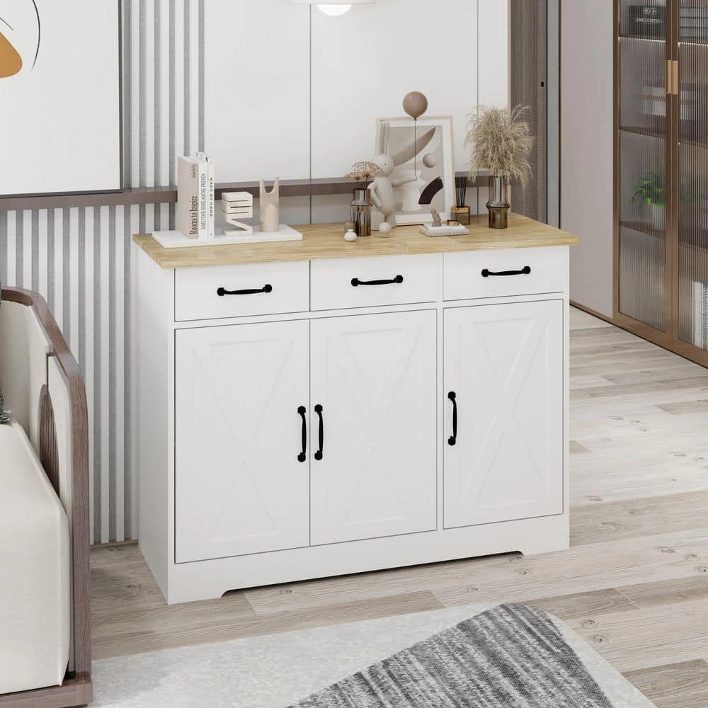Farmhouse Buffet Cabinet Storage Sideboard With 3-Drawers And 3-Doors For Dining Living Room Kitchen Cupboard-White 8 Farmhouse Buffet Cabinet Storage Sideboard With 3-Drawers And 3-Doors For Dining Living Room Kitchen Cupboard-White - Image 8