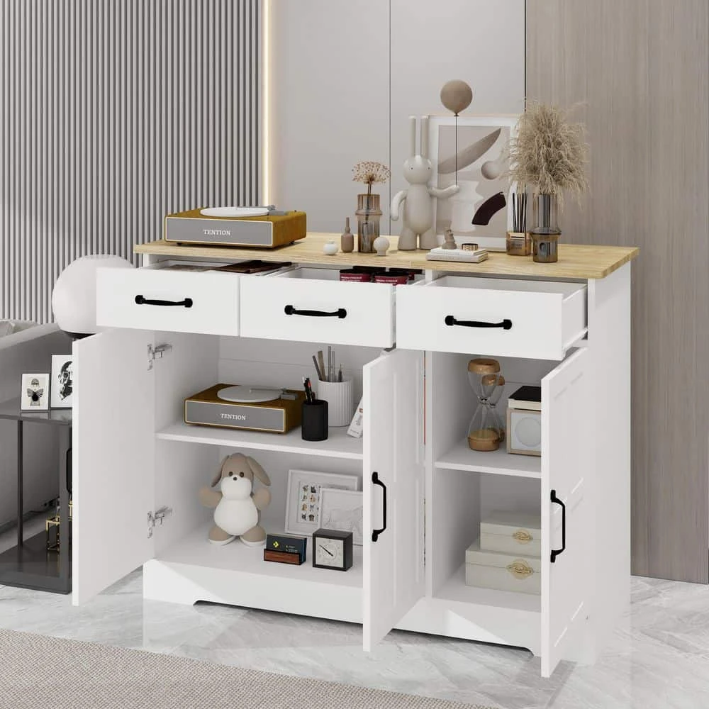 Farmhouse Buffet Cabinet Storage Sideboard With 3-Drawers And 3-Doors For Dining Living Room Kitchen Cupboard-White 6 Farmhouse Buffet Cabinet Storage Sideboard With 3-Drawers And 3-Doors For Dining Living Room Kitchen Cupboard-White - Image 6