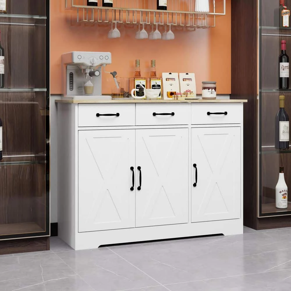 Farmhouse Buffet Cabinet Storage Sideboard With 3-Drawers And 3-Doors For Dining Living Room Kitchen Cupboard-White 1 Farmhouse Buffet Cabinet Storage Sideboard With 3-Drawers And 3-Doors For Dining Living Room Kitchen Cupboard-White