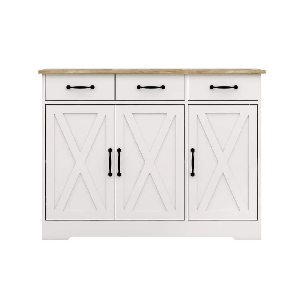Farmhouse Buffet Cabinet Storage Sideboard With 3-Drawers And 3-Doors For Dining Living Room Kitchen Cupboard-White 3 Farmhouse Buffet Cabinet Storage Sideboard With 3-Drawers And 3-Doors For Dining Living Room Kitchen Cupboard-White - Image 3