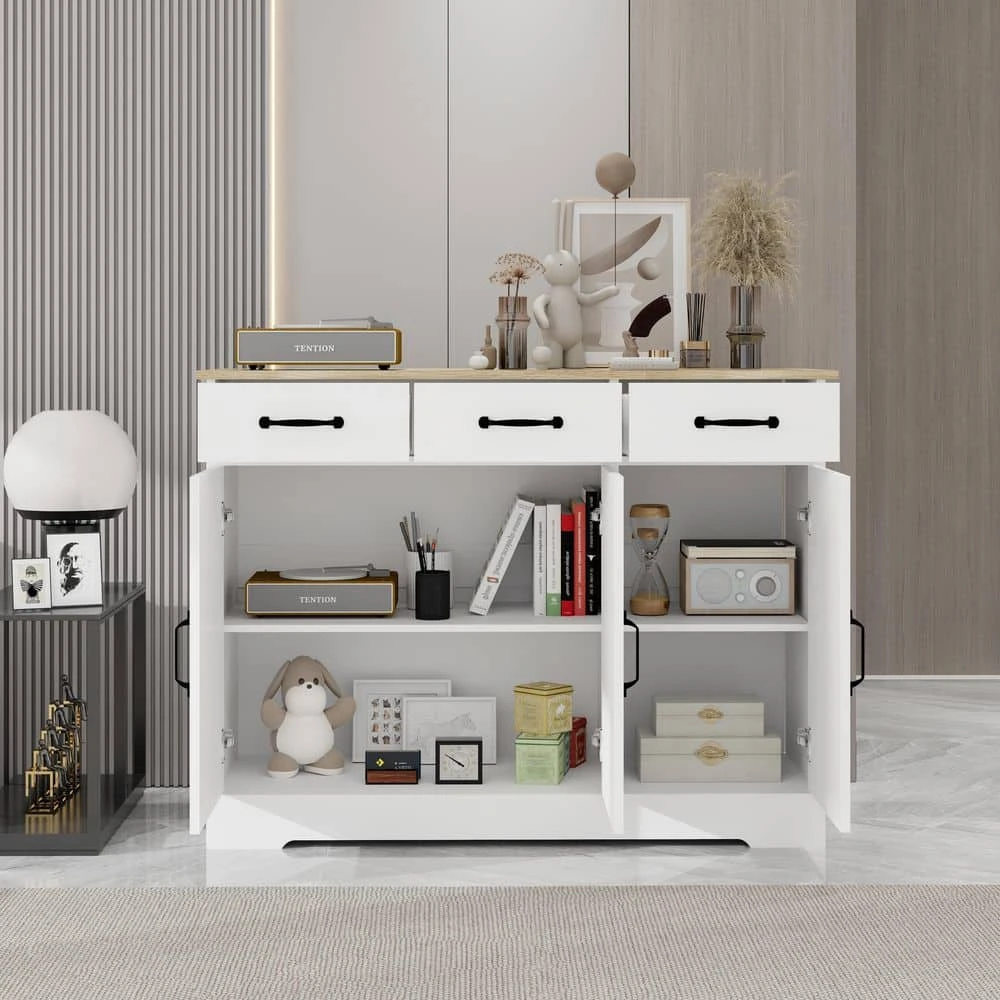 Farmhouse Buffet Cabinet Storage Sideboard With 3-Drawers And 3-Doors For Dining Living Room Kitchen Cupboard-White 2 Farmhouse Buffet Cabinet Storage Sideboard With 3-Drawers And 3-Doors For Dining Living Room Kitchen Cupboard-White - Image 2