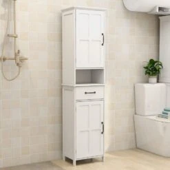 Double Door Narrow Height Slim Floor Standing Cabinet In White -FURITURE SALE SHOP white tahanbath pantry organizers z w28263146 1f 1000
