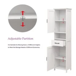 Double Door Narrow Height Slim Floor Standing Cabinet In White -FURITURE SALE SHOP white tahanbath pantry organizers z w28263146 76 1000