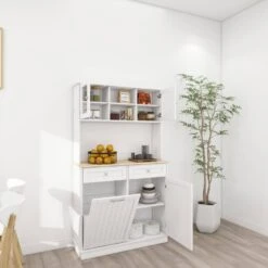 67.7 In. Tall White Kitchen Storage Cabinet-3 Shelves, 2-Drawers, Tilt-Out Trash -FURITURE SALE SHOP white tahanbath pantry organizers z w282p182326 76 1000