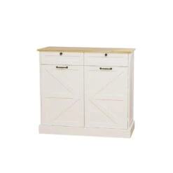White Kitchen Cabinet With Trash Can Compartment, 2 Drawers, Storage Rack, And 2 Shelves