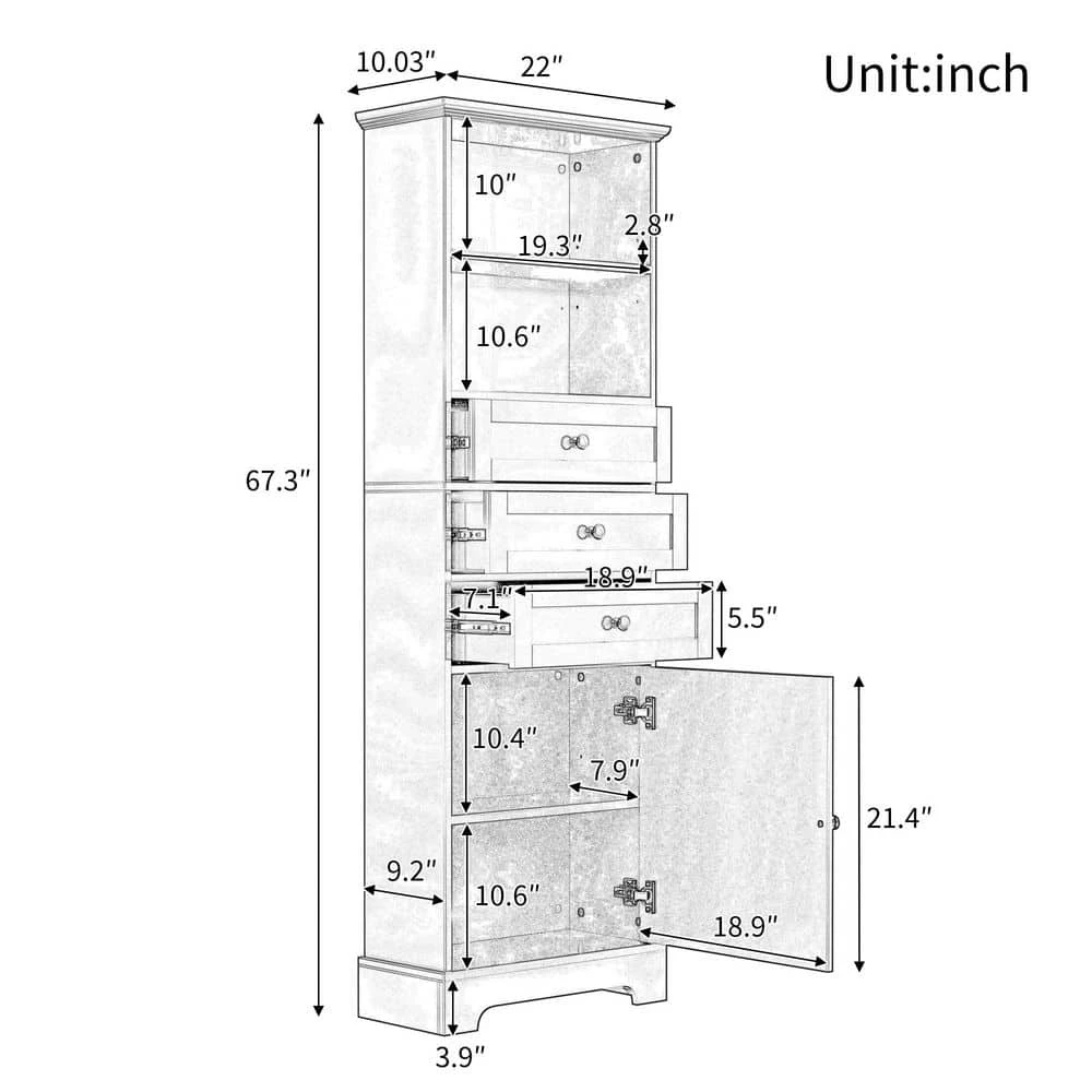 Tall Storage Cabinet With 3-Drawers And Adjustable Shelves In White 4 Tall Storage Cabinet With 3-Drawers And Adjustable Shelves In White - Image 4