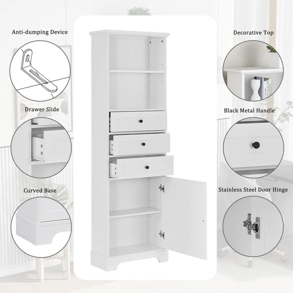 Tall Storage Cabinet With 3-Drawers And Adjustable Shelves In White 7 Tall Storage Cabinet With 3-Drawers And Adjustable Shelves In White - Image 7