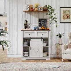 39 In. White And Walnut Sliding Barn Door Buffet Sideboard-Coffee Bar W/ Storage And 2 Drawer For Dining And Living Room 16 39 In. White And Walnut Sliding Barn Door Buffet Sideboard-Coffee Bar W/ Storage And 2 Drawer For Dining And Living Room -FURITURE SALE SHOP white tahanbath pantry organizers z w2948p245259 1f 1000