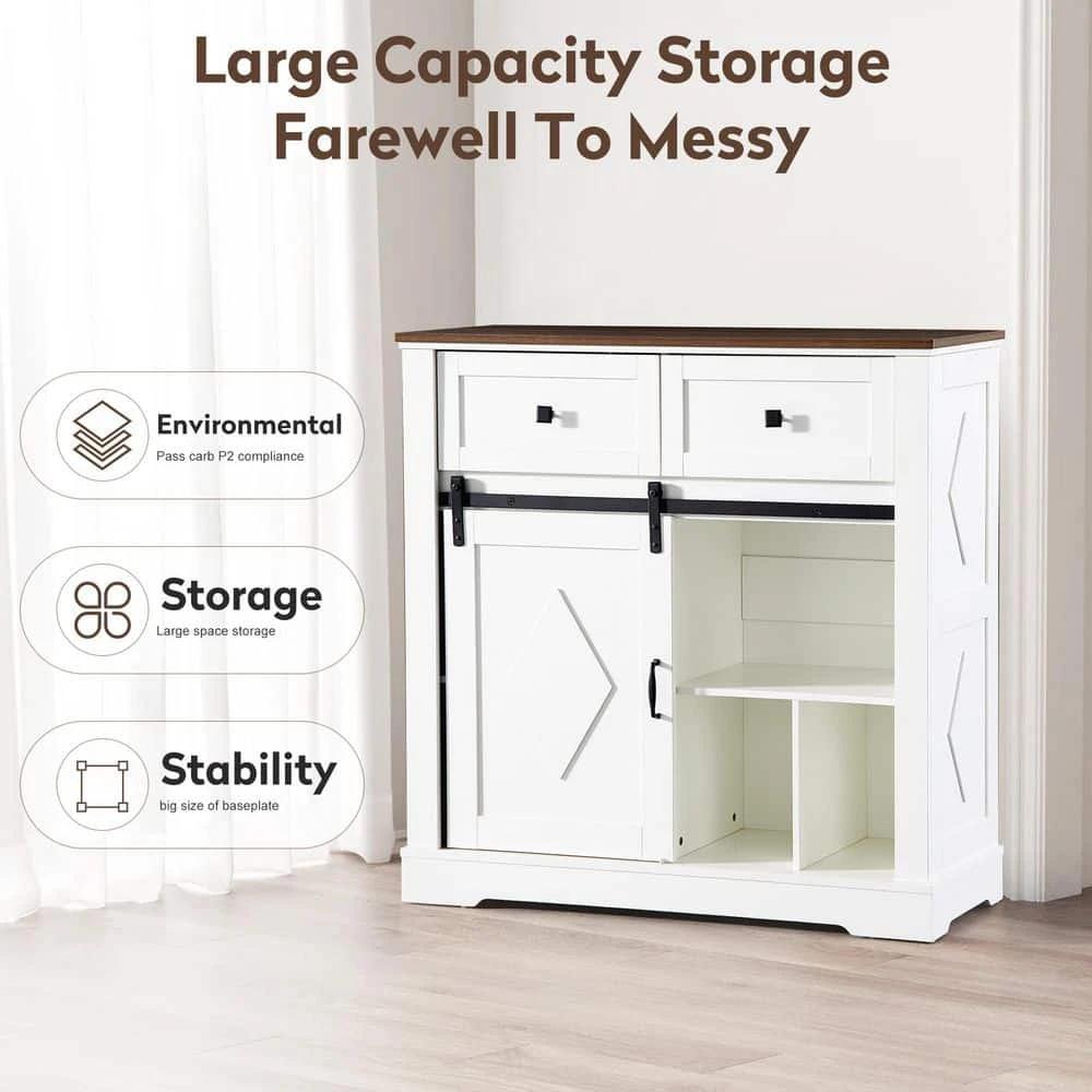 39 In. White And Walnut Sliding Barn Door Buffet Sideboard-Coffee Bar W/ Storage And 2 Drawer For Dining And Living Room 10 39 In. White And Walnut Sliding Barn Door Buffet Sideboard-Coffee Bar W/ Storage And 2 Drawer For Dining And Living Room - Image 10