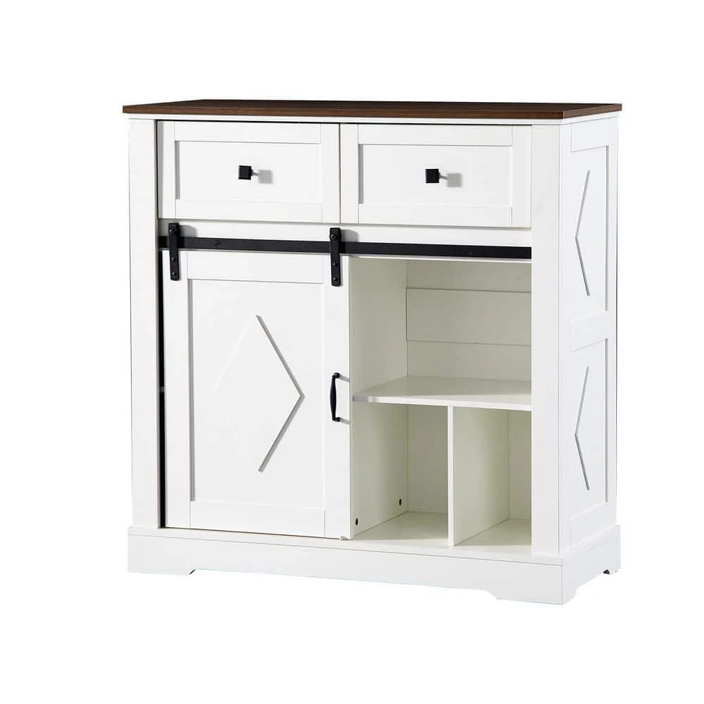 39 In. White And Walnut Sliding Barn Door Buffet Sideboard-Coffee Bar W/ Storage And 2 Drawer For Dining And Living Room 3 39 In. White And Walnut Sliding Barn Door Buffet Sideboard-Coffee Bar W/ Storage And 2 Drawer For Dining And Living Room - Image 3