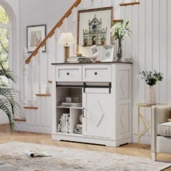 39 In. White And Walnut Sliding Barn Door Buffet Sideboard-Coffee Bar W/ Storage And 2 Drawer For Dining And Living Room