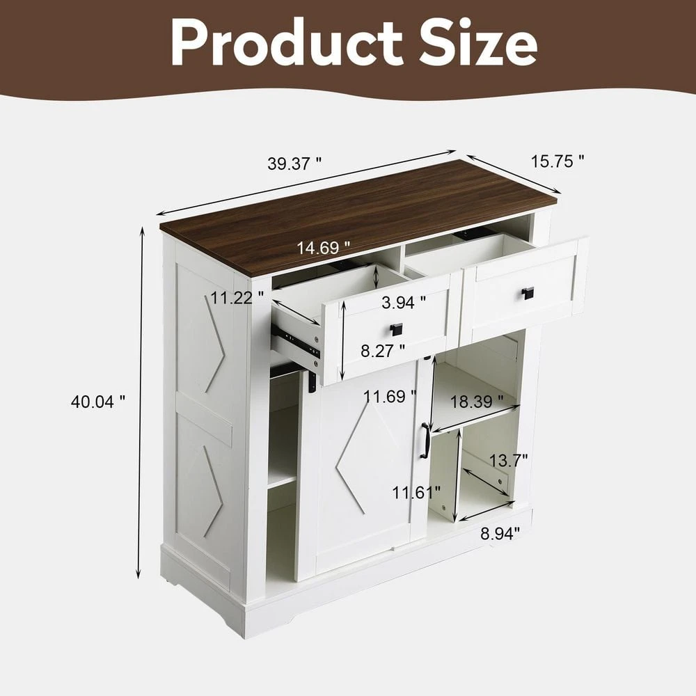 39 In. White And Walnut Sliding Barn Door Buffet Sideboard-Coffee Bar W/ Storage And 2 Drawer For Dining And Living Room 8 39 In. White And Walnut Sliding Barn Door Buffet Sideboard-Coffee Bar W/ Storage And 2 Drawer For Dining And Living Room - Image 8