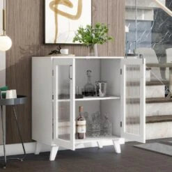 Modern Living Room Cabinet Storage Organizer With 2-Glass Doors And Adjustable Shelf White