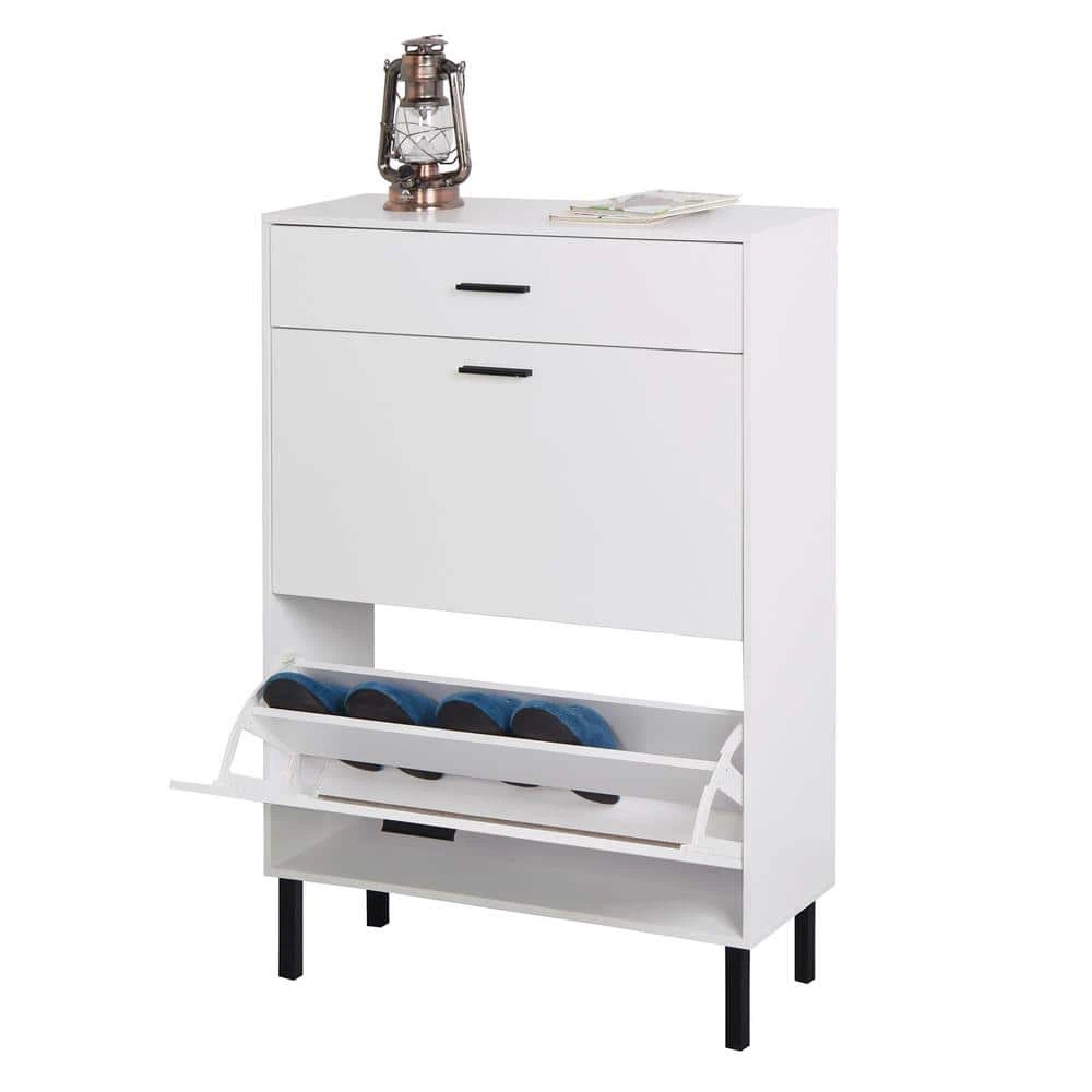 Modern Freestanding Shoe Cabinet With 2 Flip Drawers And Metal Legs: Stylish Storage Organizer For Entryway In White 4 Modern Freestanding Shoe Cabinet With 2 Flip Drawers And Metal Legs: Stylish Storage Organizer For Entryway In White - Image 4