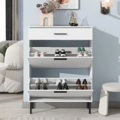 Modern Freestanding Shoe Cabinet With 2 Flip Drawers And Metal Legs: Stylish Storage Organizer For Entryway In White 9 Modern Freestanding Shoe Cabinet With 2 Flip Drawers And Metal Legs: Stylish Storage Organizer For Entryway In White -FURITURE SALE SHOP white tahanbath pantry organizers z w40981153 4f 1000