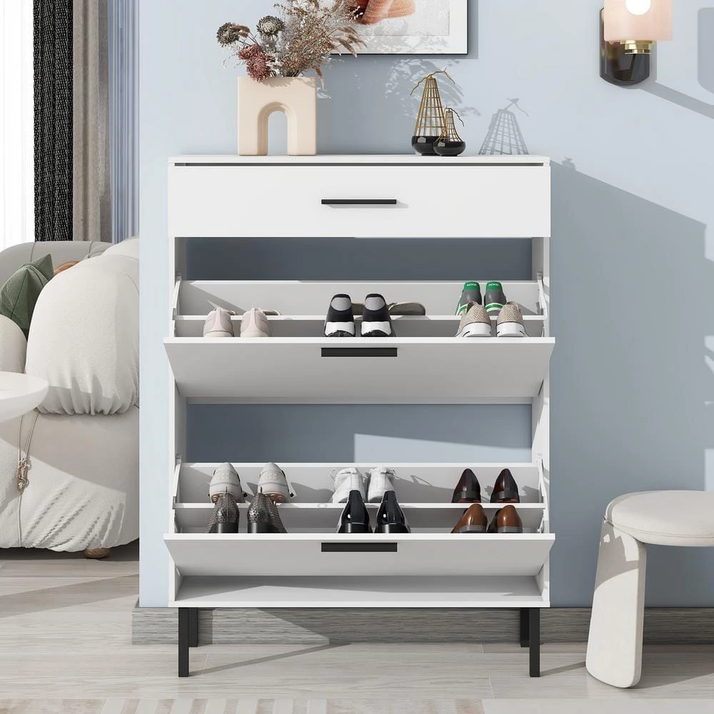 Modern Freestanding Shoe Cabinet With 2 Flip Drawers And Metal Legs: Stylish Storage Organizer For Entryway In White 3 Modern Freestanding Shoe Cabinet With 2 Flip Drawers And Metal Legs: Stylish Storage Organizer For Entryway In White - Image 3