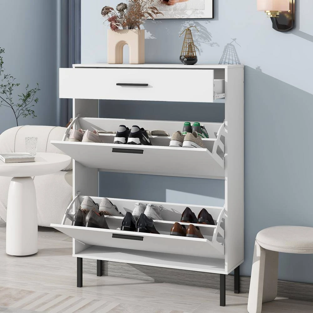 Modern Freestanding Shoe Cabinet With 2 Flip Drawers And Metal Legs: Stylish Storage Organizer For Entryway In White 1 Modern Freestanding Shoe Cabinet With 2 Flip Drawers And Metal Legs: Stylish Storage Organizer For Entryway In White