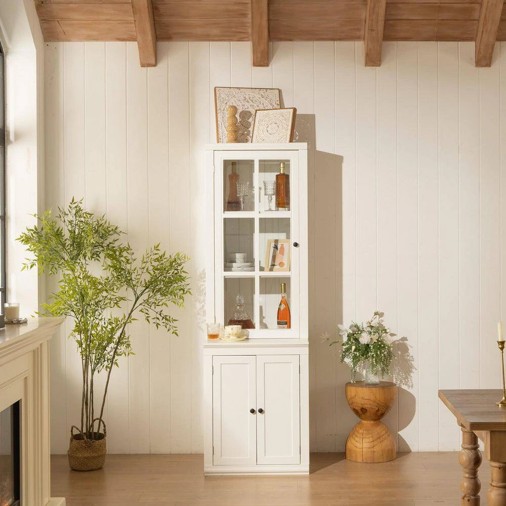 75.25 In. Tall White Freestanding Pantry Cabinet: Glass Door And Lattice Window 4 75.25 In. Tall White Freestanding Pantry Cabinet: Glass Door And Lattice Window - Image 4