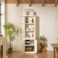 75.25 In. Tall White Freestanding Pantry Cabinet: Glass Door And Lattice Window 16 75.25 In. Tall White Freestanding Pantry Cabinet: Glass Door And Lattice Window -FURITURE SALE SHOP white tahanbath pantry organizers z w688134377 76 1000