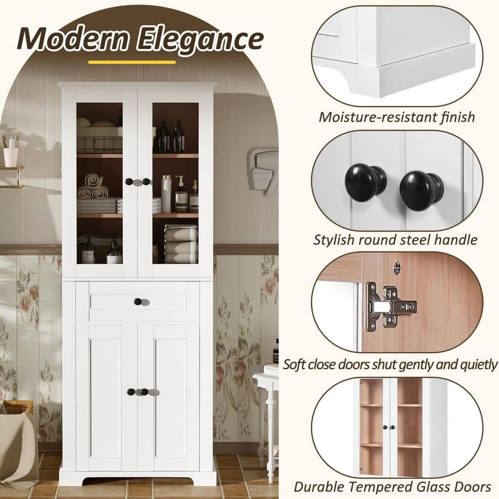67.2 In Tall Bathroom Storage Cabinet With Tempered Glass Doors, Adjustable Shelves And Drawer In White 4 67.2 In Tall Bathroom Storage Cabinet With Tempered Glass Doors, Adjustable Shelves And Drawer In White - Image 4