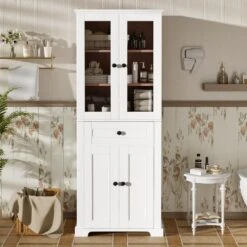 67.2 In Tall Bathroom Storage Cabinet With Tempered Glass Doors, Adjustable Shelves And Drawer In White 15 67.2 In Tall Bathroom Storage Cabinet With Tempered Glass Doors, Adjustable Shelves And Drawer In White -FURITURE SALE SHOP white tahanbath pantry organizers z w68882619 31 1000
