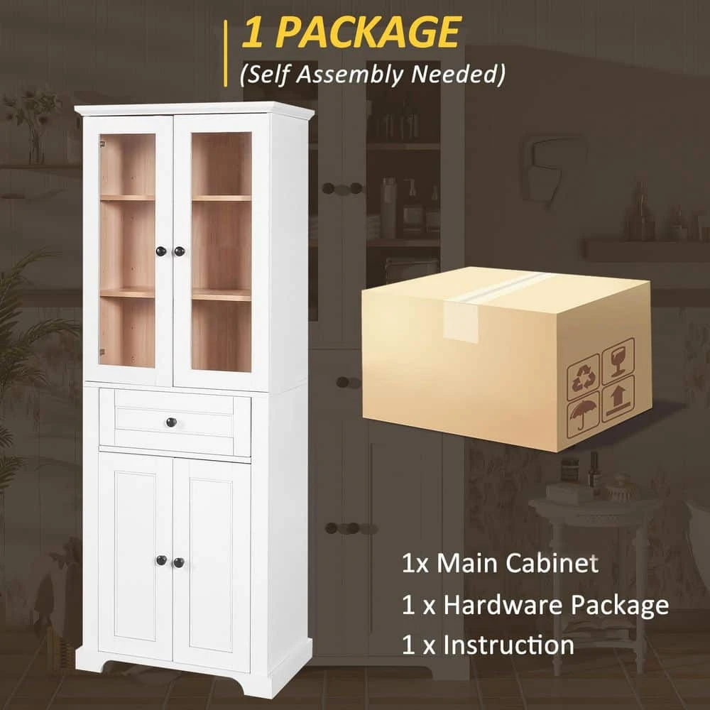 67.2 In Tall Bathroom Storage Cabinet With Tempered Glass Doors, Adjustable Shelves And Drawer In White 5 67.2 In Tall Bathroom Storage Cabinet With Tempered Glass Doors, Adjustable Shelves And Drawer In White - Image 5